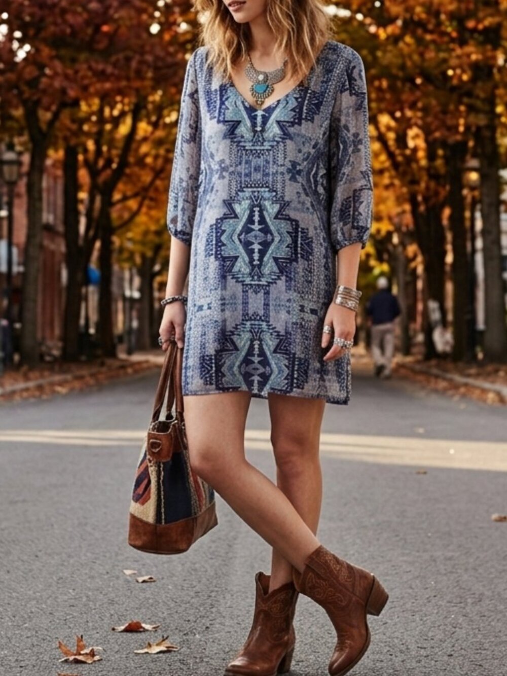 BeBop Blue Shift Dress Tunic Long Sleeve Geometric Aztec Print Boho Small